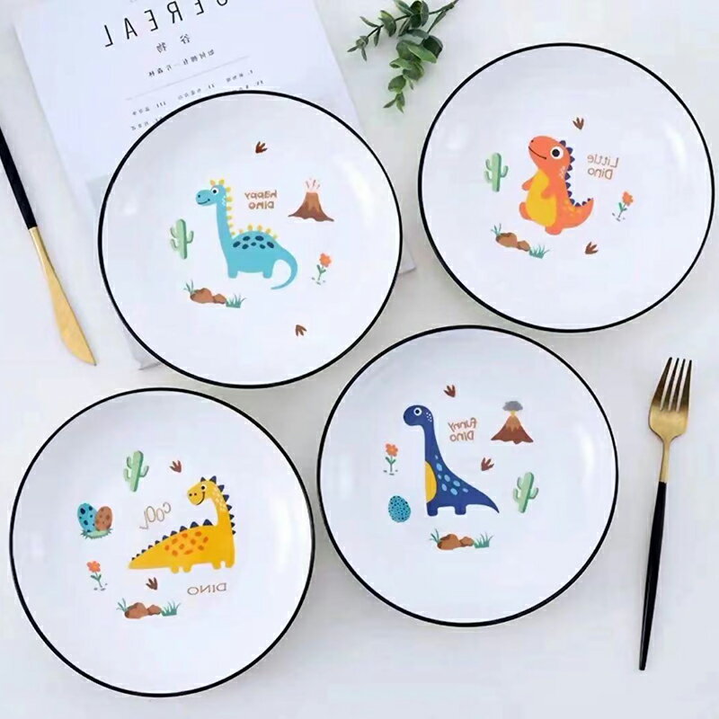 家用陶瓷餐具菜盤子卡通網紅可愛陶瓷黑邊圓盤子飯盤創意餐具套裝