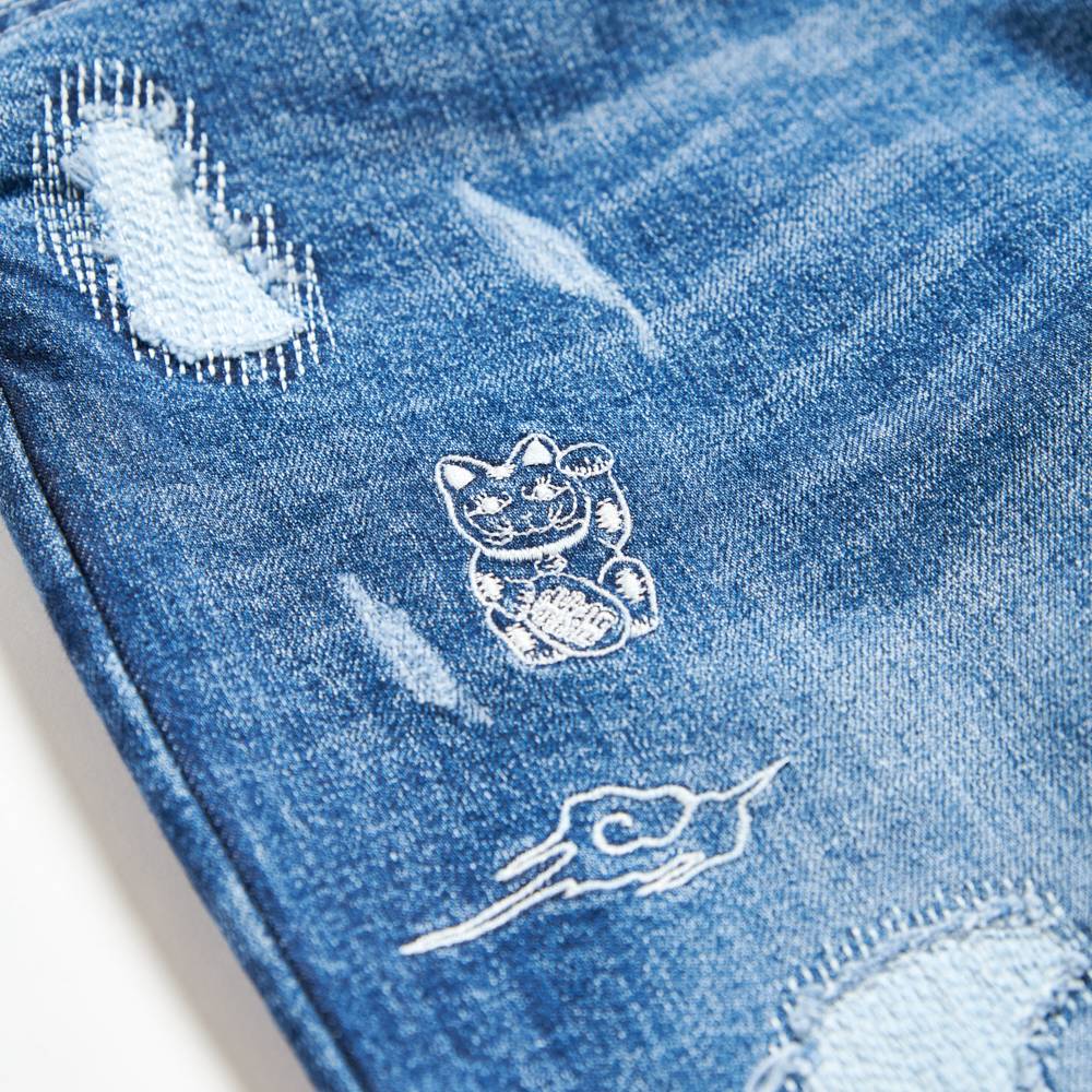 EDOKATSU江戶勝 刺繡雲朵中腰丹寧錐形褲-男款 中古藍 8