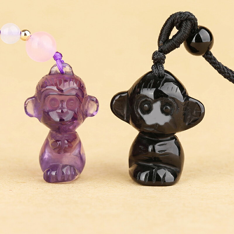 天然紫水晶生肖猴吊墜立體卡通3D小猴子項鏈黑曜石男女款護身掛件