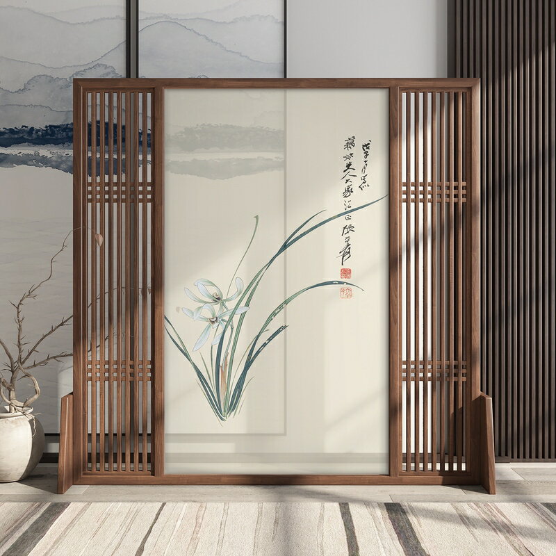 定制 新中式屏風隔斷客廳辦公室茶室進門遮擋簡約現代禪意實木座屏蘭花