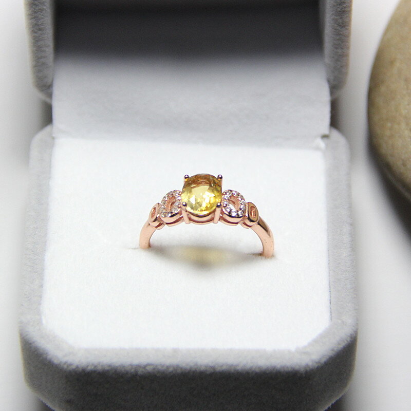 正品 天然黃水晶戒指女 925純銀鍍玫瑰金戒指環戒指女飾品首飾1入