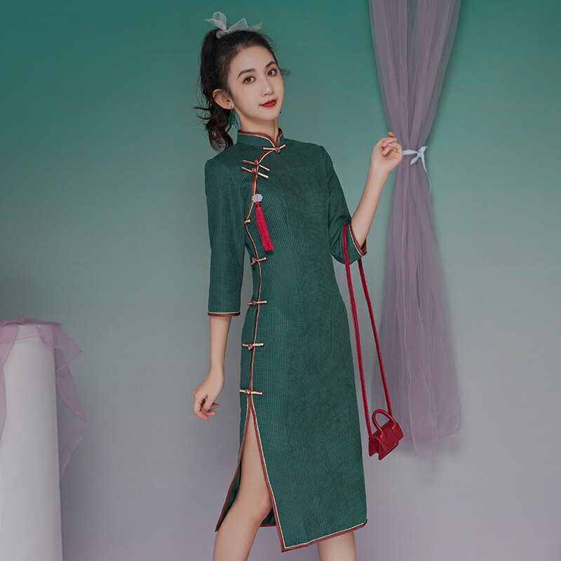 改良旗袍連衣裙中國風新款中長款氣質優雅復古鹿皮絨秋冬