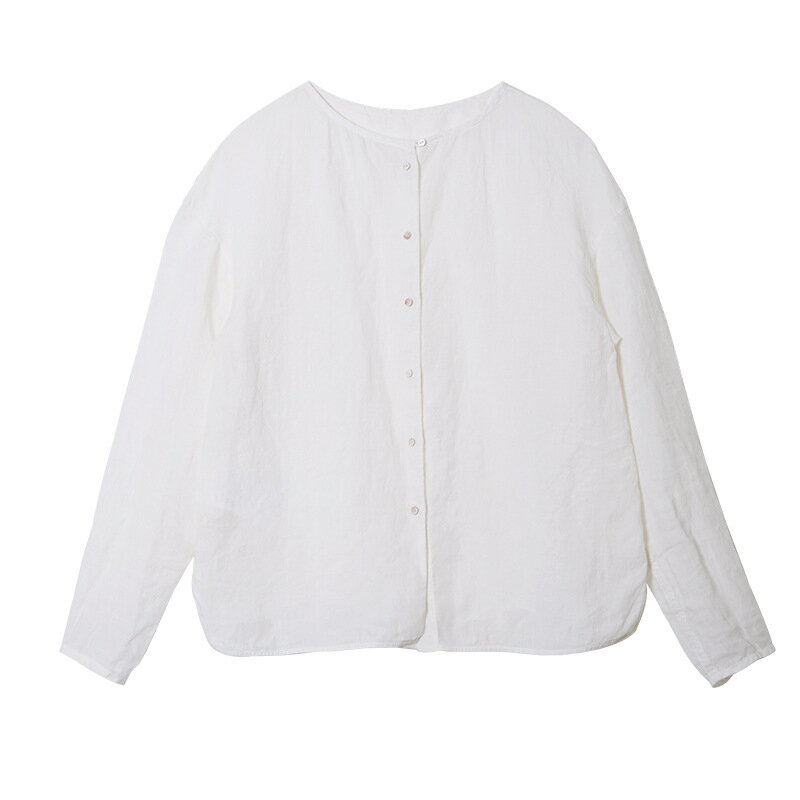 現貨+預購 襯衫長袖上衣-亞麻圓領寬鬆休閒女裝74kc85【獨家進口】【米蘭精品】