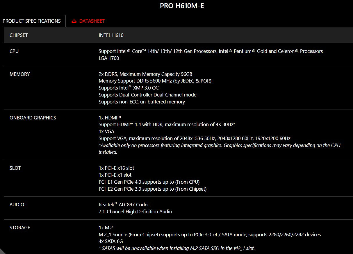 MSI 微星 PRO H610M-E DDR5 1700腳位 M-ATX 主機板 5