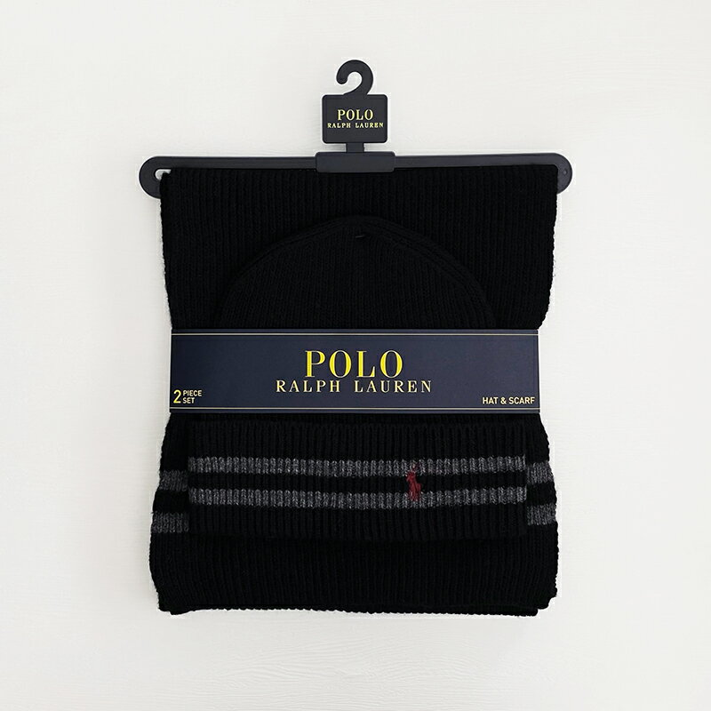美國百分百【全新真品】Ralph Lauren 毛帽 圍巾 配件組 針織 羊毛 RL 小馬 POLO 條紋 黑色 CP21