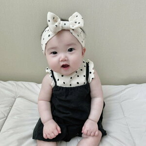韓版夏季薄款嬰童波點套裝蝴蝶結發帶女童背心吊帶褲寶寶洋氣夏裝