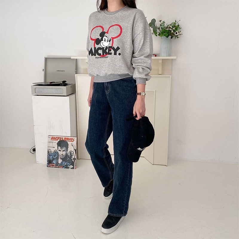 ANNAS 正韓米奇刷毛衛衣 長袖加絨大學T 寬鬆慵懶卡通圖案 韓國米奇上衣 1