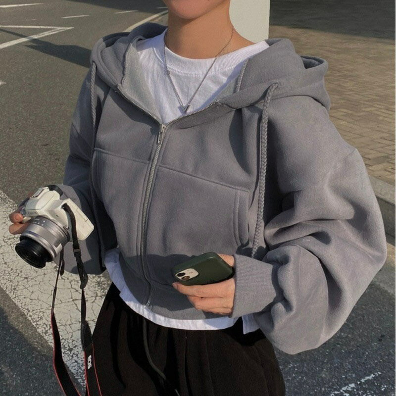 外套 女裝 休閒外套 時尚外套 保暖外套  2025年秋冬新品ins加絨百搭時尚短款修身拉鍊保暖純色連帽衛衣女  治裝激推 2