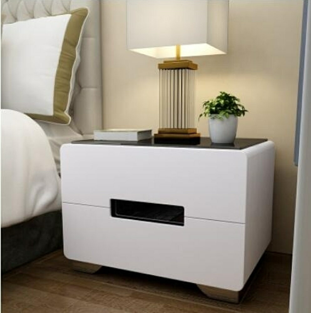床頭櫃 床頭櫃簡約現代玻璃面烤漆白色床頭櫃組裝儲物櫃整裝收納邊櫃 全館85折起 JD