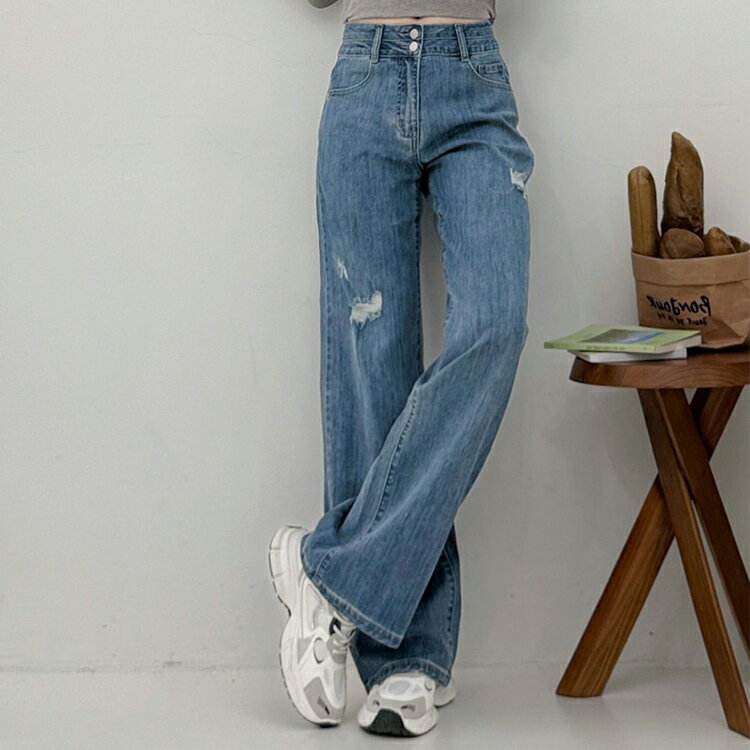 抓破彈力牛仔寬褲(S-3L)【B370474】