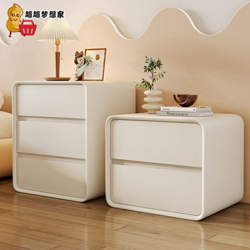 免安裝床頭櫃簡約現代奶油風極簡實木三層高55意式輕奢皮質收納櫃