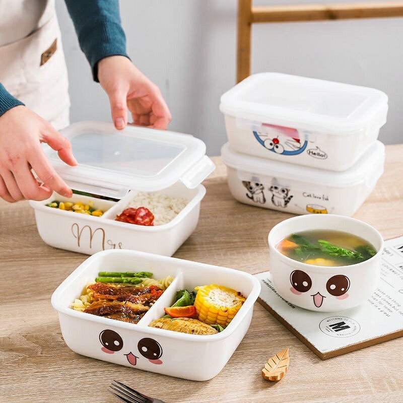 陶瓷飯盒便當盒分格型餐盒上班族帶蓋套裝微波爐保溫飯盒