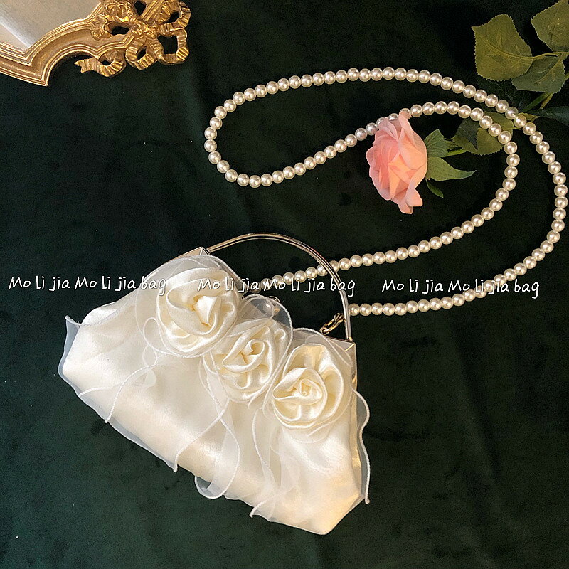 晚宴包 宴會包 復古珍珠手拎晚宴包2021新款玫瑰花朵包包女宴會包仙女斜背手提包『cyd1708』
