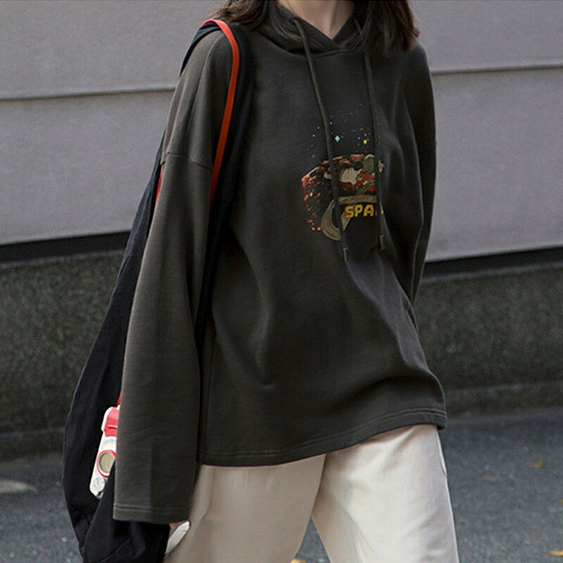 春秋薄款連帽衛衣女ins設計感寬松慵懶風oversize上衣服