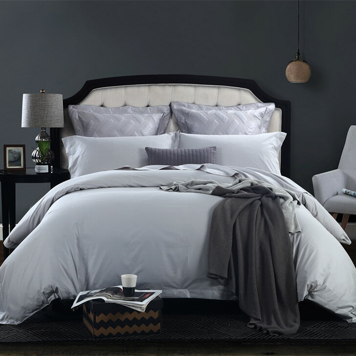 酒店床上純色全棉床單四件套民宿客棧定制灰色60支貢緞純棉簡約