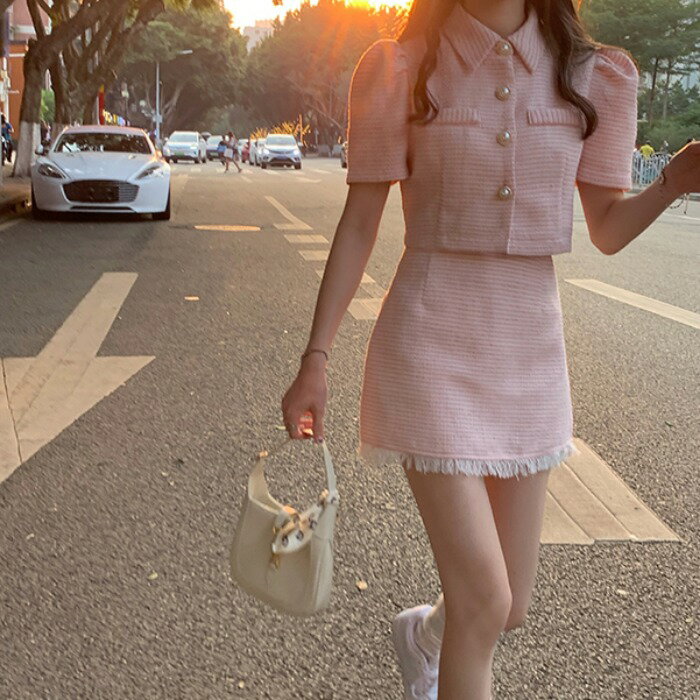 時尚套裝女夏季年新款韓版短袖襯衫上衣高腰包臀半身裙兩件套