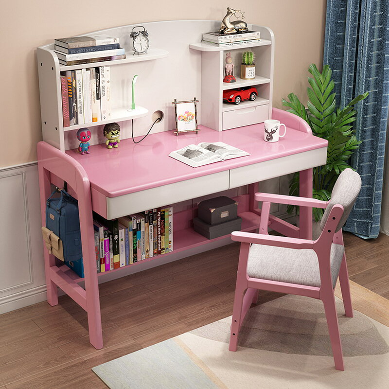 實木書桌書架一體桌兒童學習桌可升降小學生家用臥室寫字臺帶書櫃