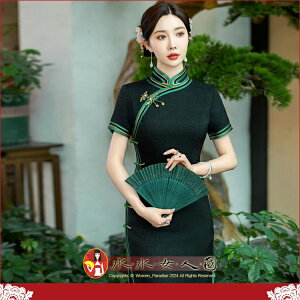 M-5XL加大 印花長旗袍 復古中國風經典改良式時尚修身超顯瘦短袖日常連身洋裝～古韻傾城～流連(綠)。水水女人國