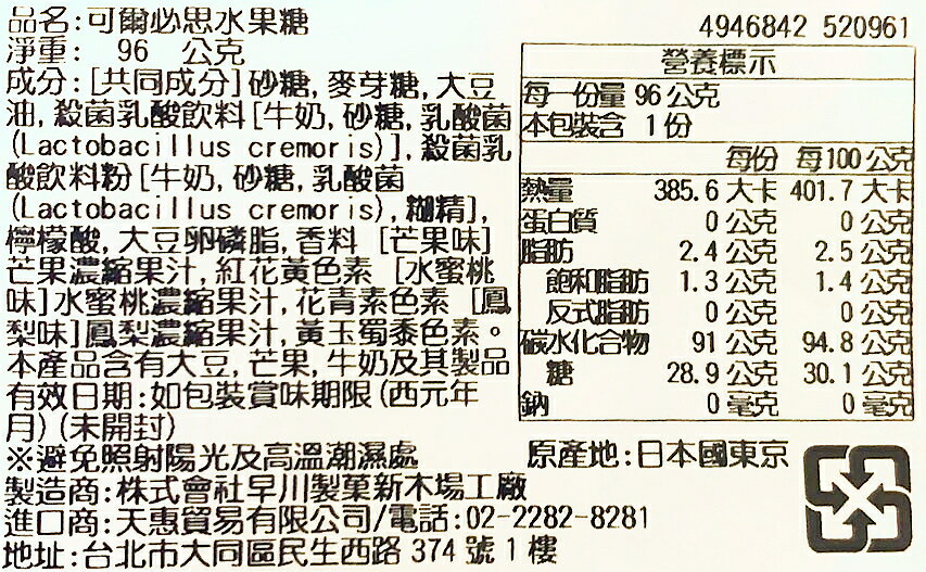 (特價)【江戶物語】朝日 ASAHI CALPIS 可爾必思水果糖 96g 綜合水果糖 乳酸糖果 期間限定 喜糖 日本進口 3