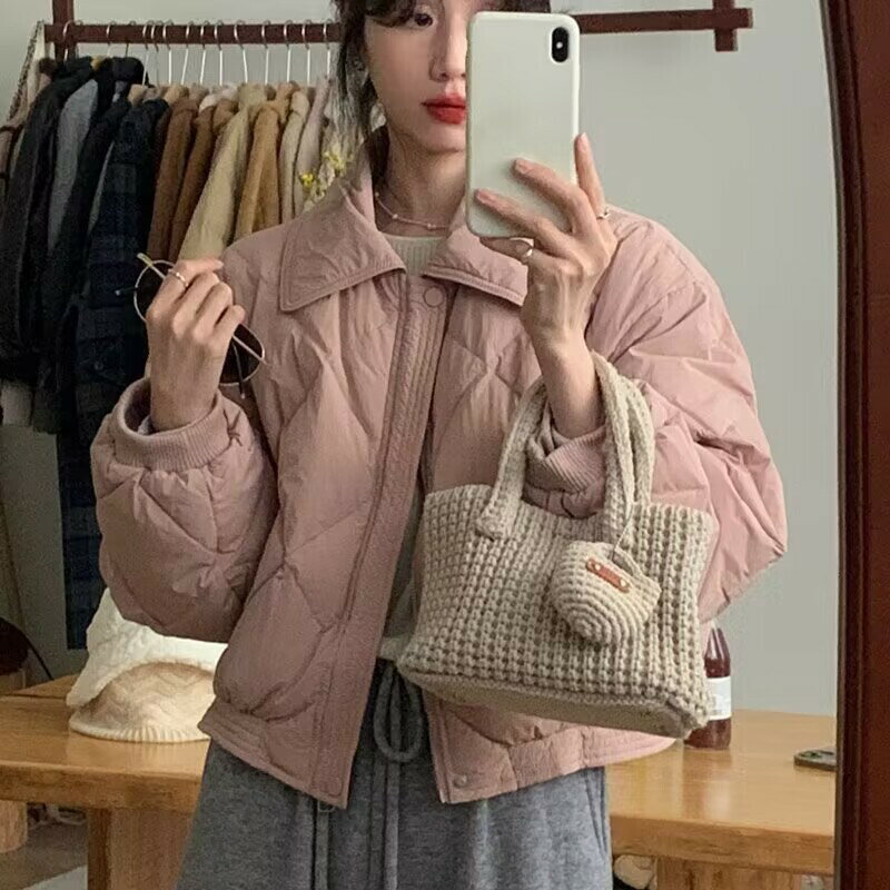 FUXI 菱格羽絨棉外套女 Polo翻領麵包服外套 短版外套 寬鬆百搭女生外套 女裝 衣服 保暖外套 長袖外套