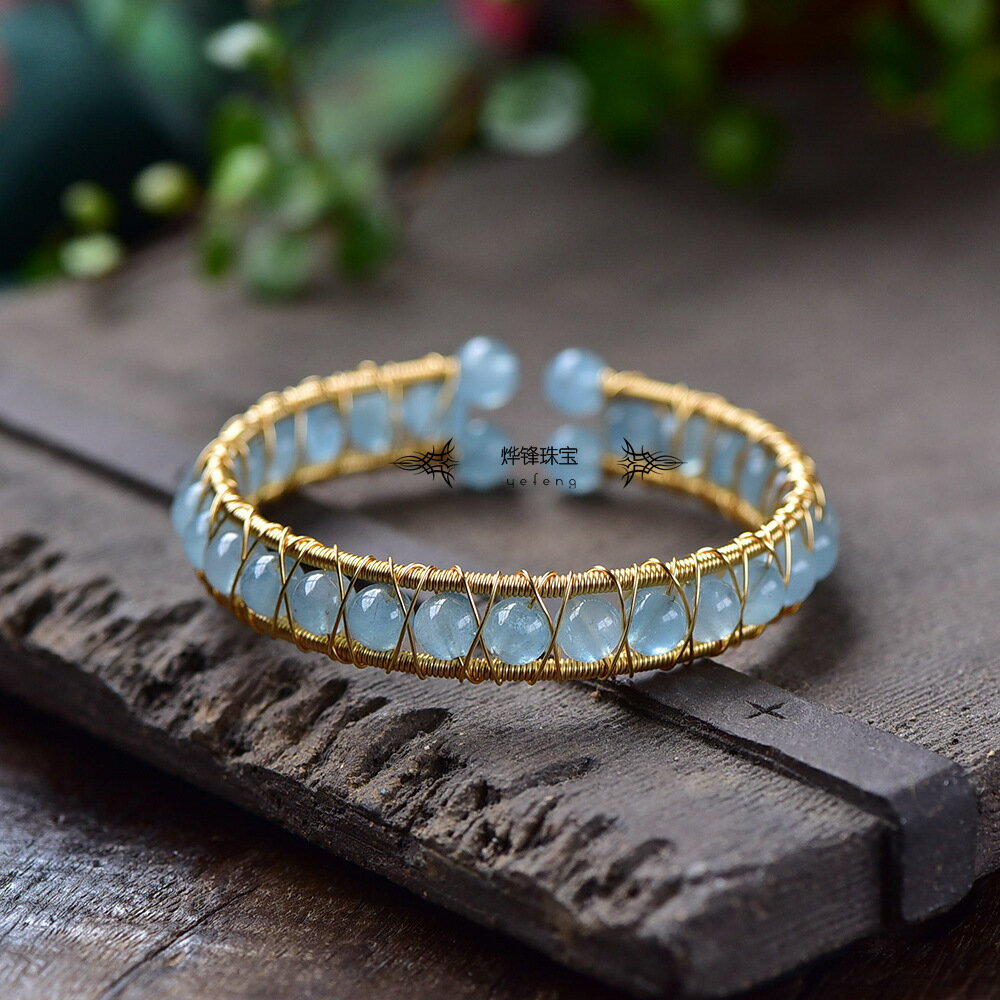 天然海藍寶14k包金手鐲 滿珠手串 小清新手鏈女款禮物 6mm水晶