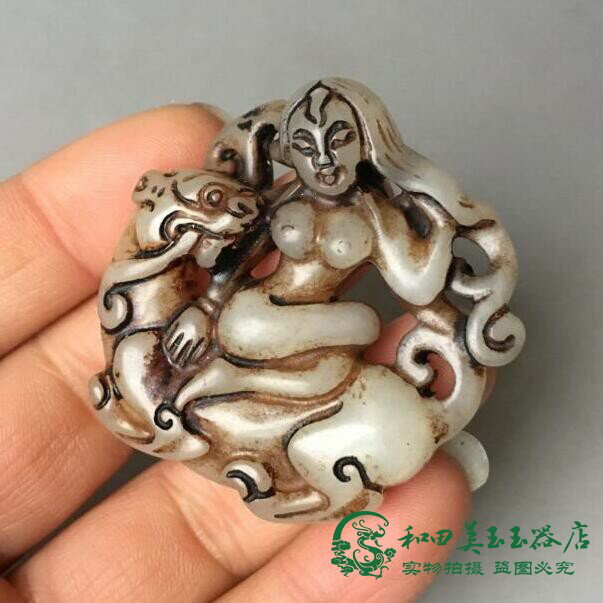 天然玉仿古岫玉做舊美女與野獸鏤空雕刻玉佩古董古玩玉器雜項收藏