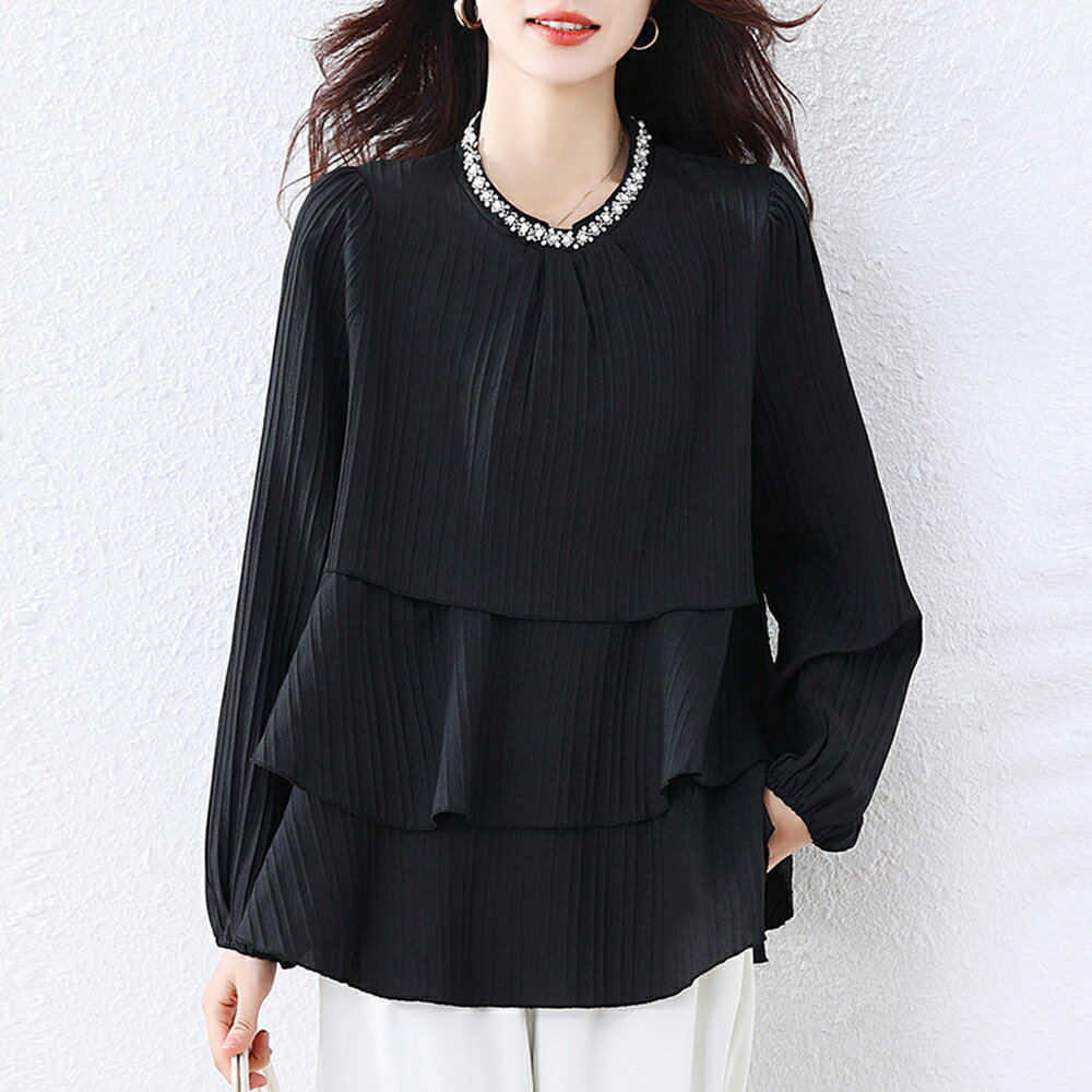 ＊ORead＊韓版圓領領邊裝飾剪接上衣(黑色L~5XL)