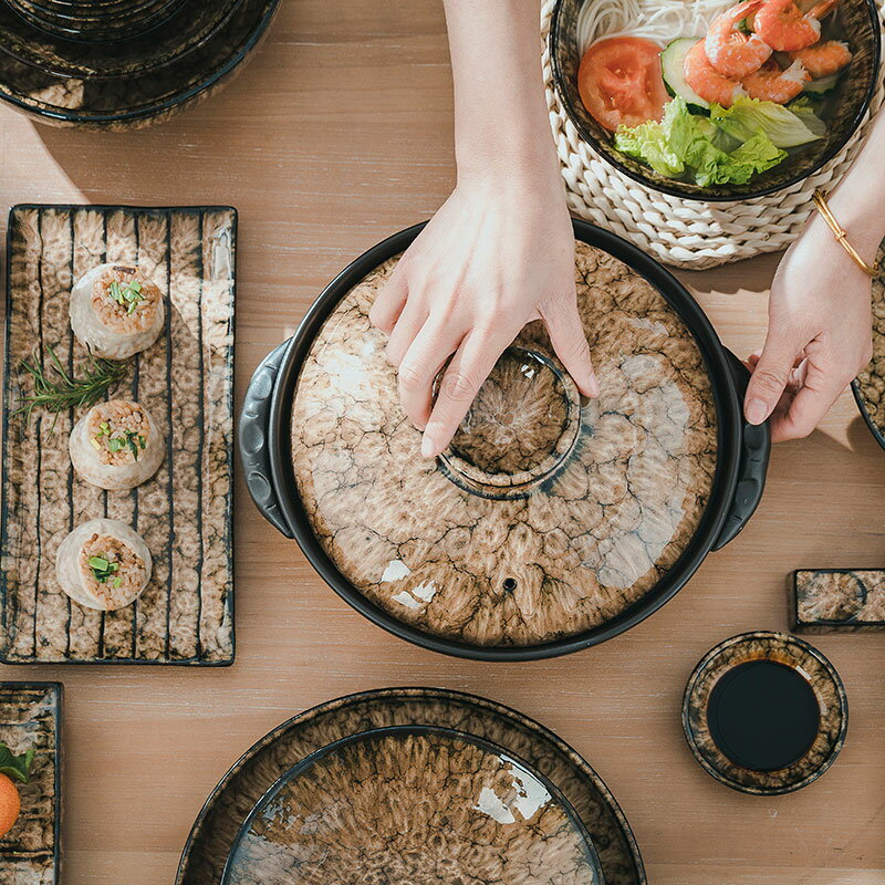 中式碗碟套裝家用景德鎮陶瓷紫砂窯變餐具組合高檔盤瓷器 豹紋釉