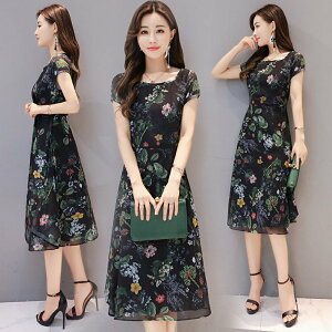 FINDSENSE G5 韓國時尚 夏季 雪紡 修身 印花 中長款 連身裙