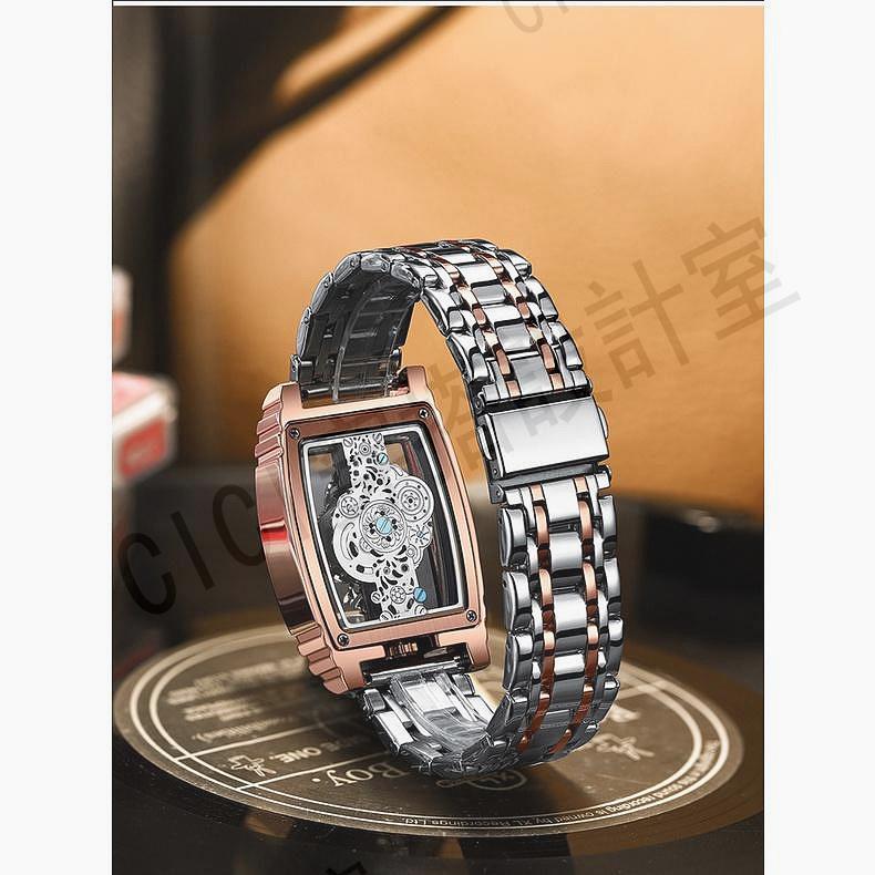 時尚酒桶表 夜光防水手錶 機車齒輪條形鏤空石英錶 陀飛輪真皮手錶男生 潮流酒桶型男錶【亞德機械五金家居】 7