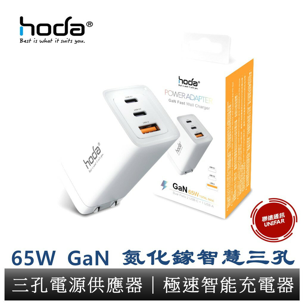 HODA 65W GaN氮化鎵智慧三孔電源供應器 極速智能充電器 充電頭 原廠公司貨