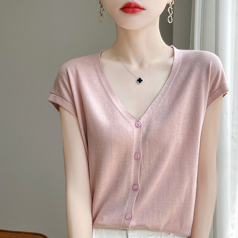 現貨+預購 針織外套短袖針織衫-V領腰部抽褶開衫女外套5色74lc48【獨家進口】【米蘭精品】