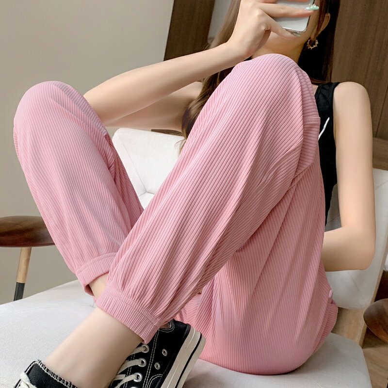 冰絲運動褲女夏季薄款寬松顯瘦束腳衛褲子燈籠防蚊九分白色休閑褲