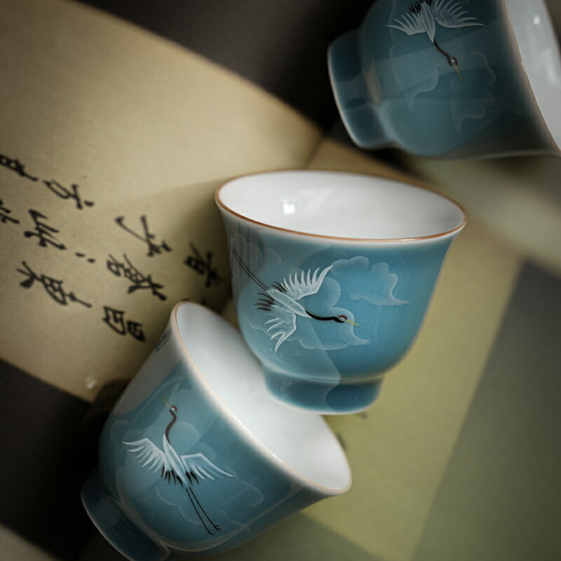 德化陶瓷手工茶杯套裝霽藍瑞鶴喝茶單杯功夫茶具禪意品茗杯主人杯