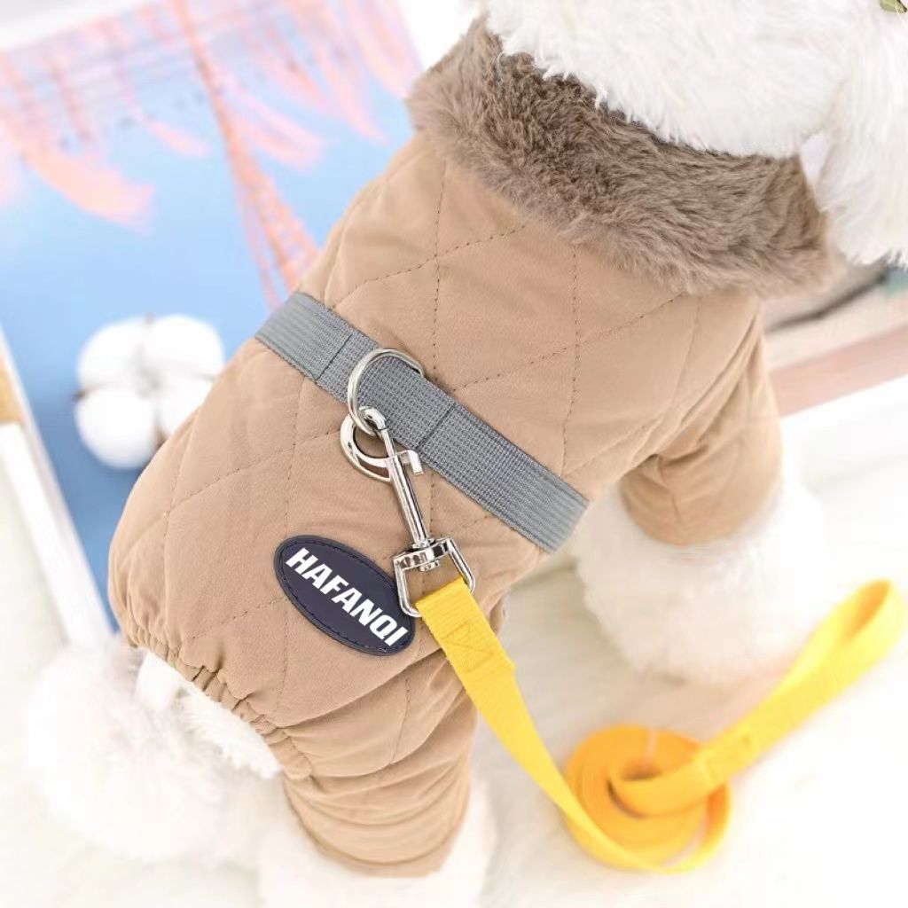 【人氣賣家】寵物小型狗狗衣服冬季雪納瑞泰迪比熊幼犬加厚保暖四腳牽引繩棉衣