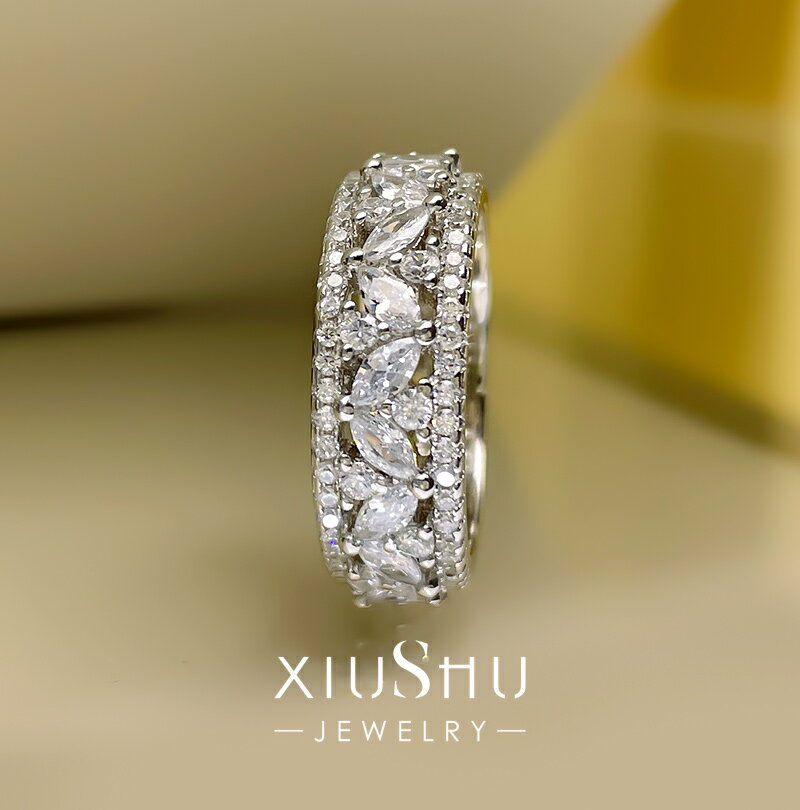 XIUSHU排鉆戒指女食指戒復古指環寬戒子925純銀高碳鉆