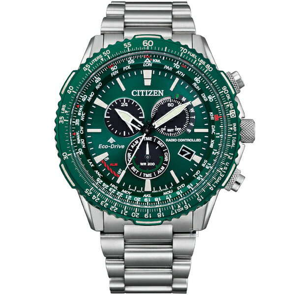 CITIZEN 星辰錶 PROMASTER 飛行時尚五局電波計時腕錶(CB5004-59W)-45mm-綠面鋼帶【刷卡回饋 分期0利率】【APP下單4%點數回饋】