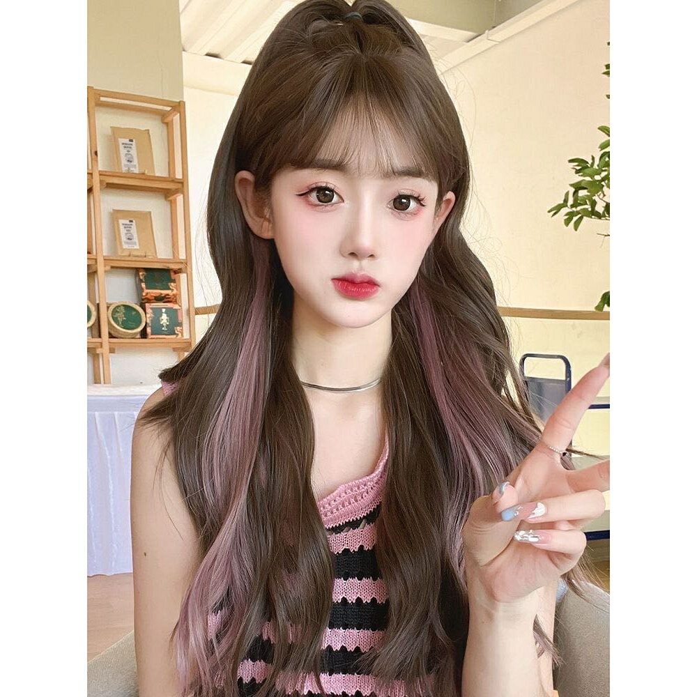 ⭐優質版升級仿真人髮絲空氣劉海長卷髮掛耳染脂粉色假髮女生微卷髮 時尚挑染假髮網紅流行假髮頭套