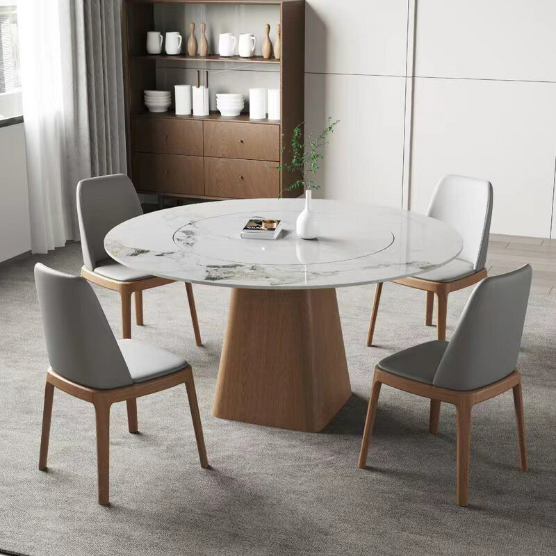 桌子 北歐實木巖板餐桌家用小戶型圓形餐桌椅組合內嵌轉盤圓桌