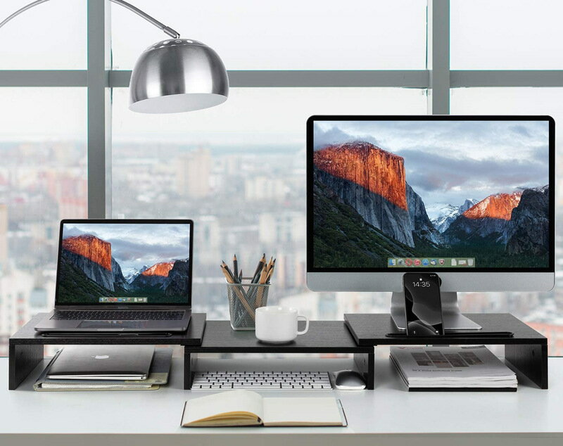 收納架 木質雙屏電腦顯示器收納增高架長可調可旋轉桌面置物架
