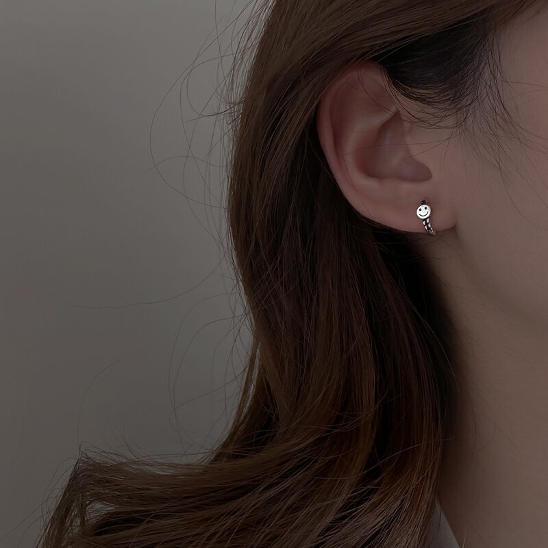 925純銀笑臉耳環女年新款潮耳扣性冷淡復古麻花耳圈潮人耳飾 2