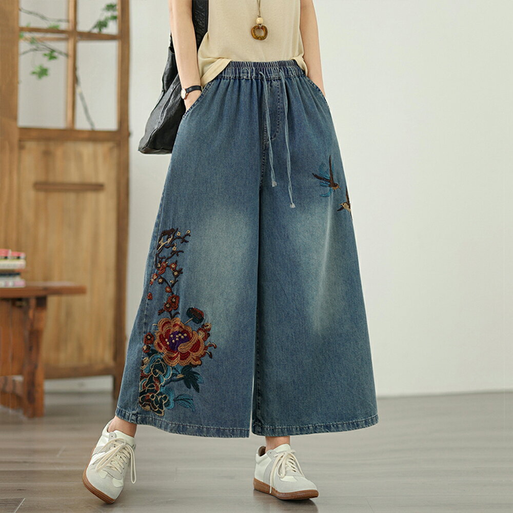 ＊ORead＊民族風牛仔刺繡鬆緊腰寬褲(藍色M~2XL)【限定加碼✿全館滿額再折】