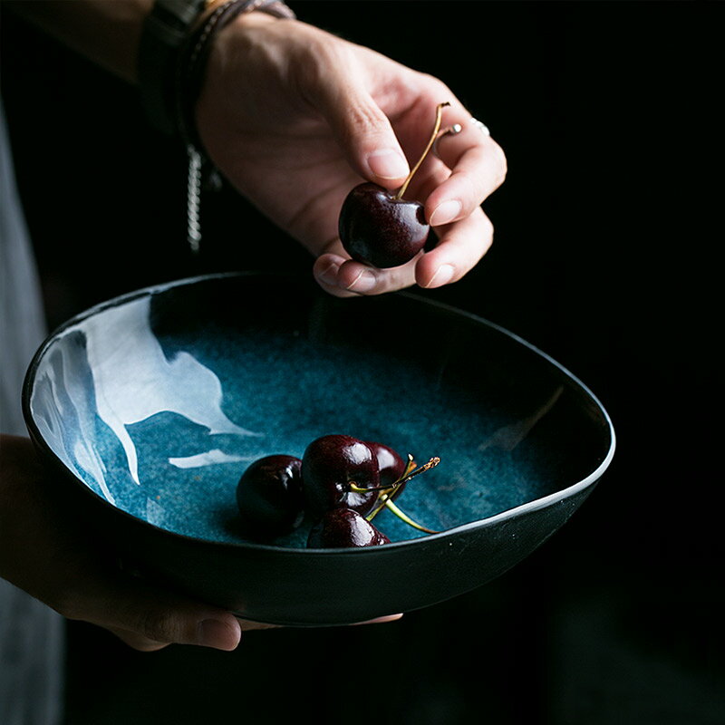 朵頤歐式藍色異形碗創意湯碗面碗不規則水果沙拉碗陶瓷飯碗家用1入
