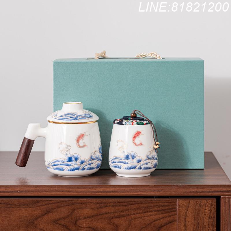 羊脂玉茶具 白瓷茶具 免運/開票 公司貨 高檔羊脂玉馬克杯陶瓷帶蓋茶水分離過濾泡茶杯家用送禮辦公室logo 快速出貨