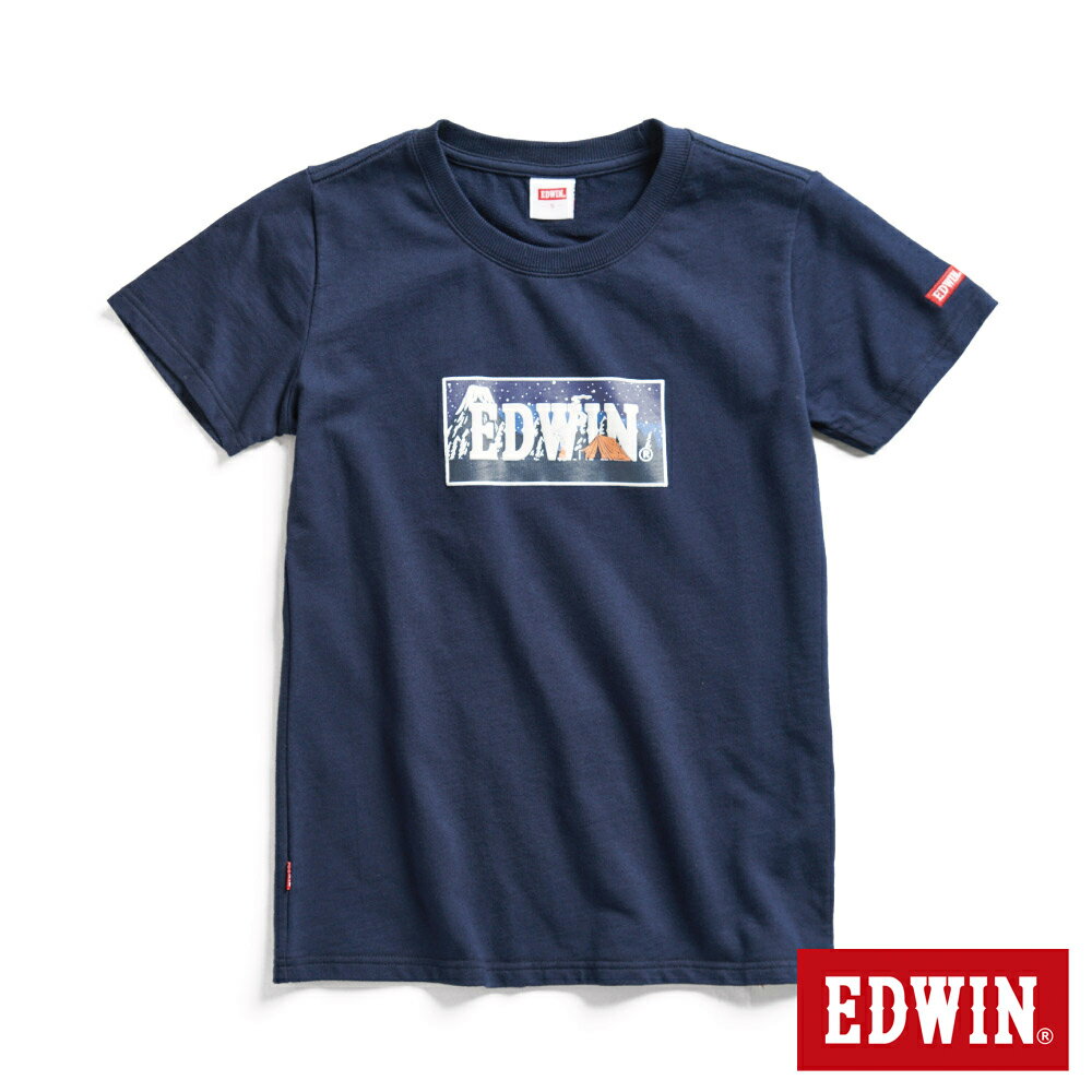 EDWIN 露營系列 富士山腳營地LOGO印花短袖T恤-女款 丈青色