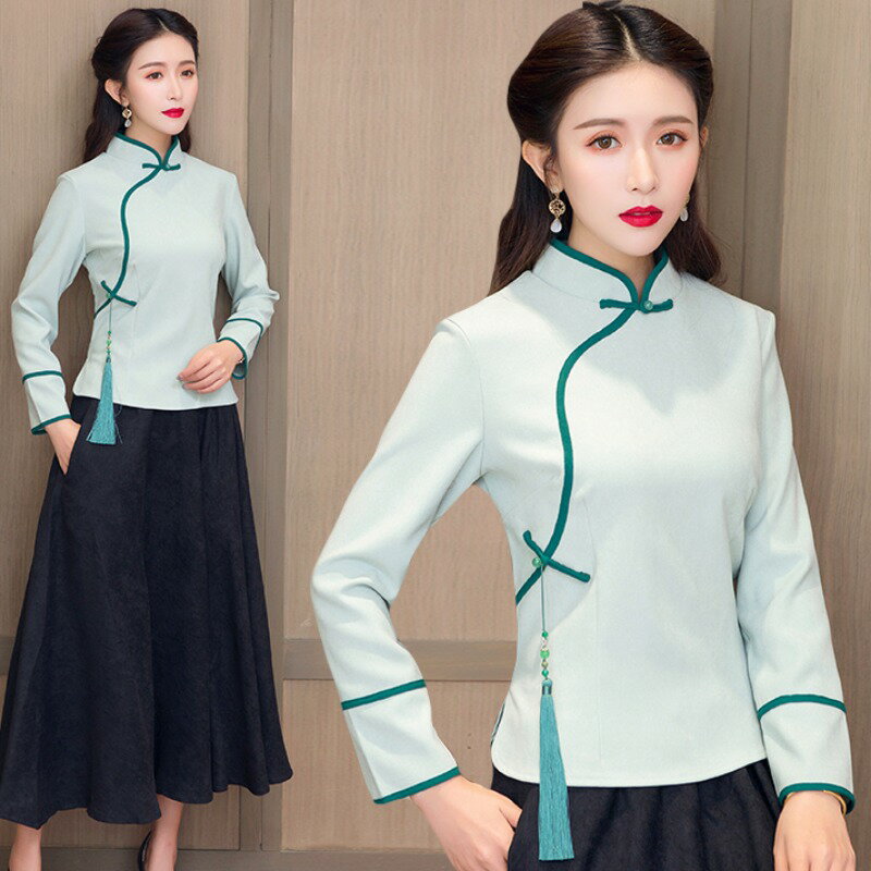 中國風復古改良旗袍漢服女茶藝師工作服日常中式唐裝茶服襯衫上衣