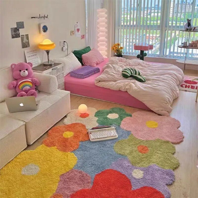 彩色花朵地毯少女仿羊絨加厚地毯臥室床邊客廳地墊臥室客廳沙發茶几大地墊腳墊家用房間墊子