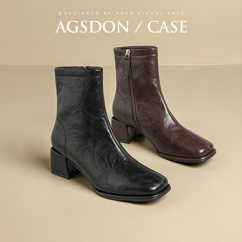 奧古獅登方頭瘦瘦靴女鞋粗跟2024新款秋冬加絨短靴軟皮馬丁靴踝靴【雲木雜貨】