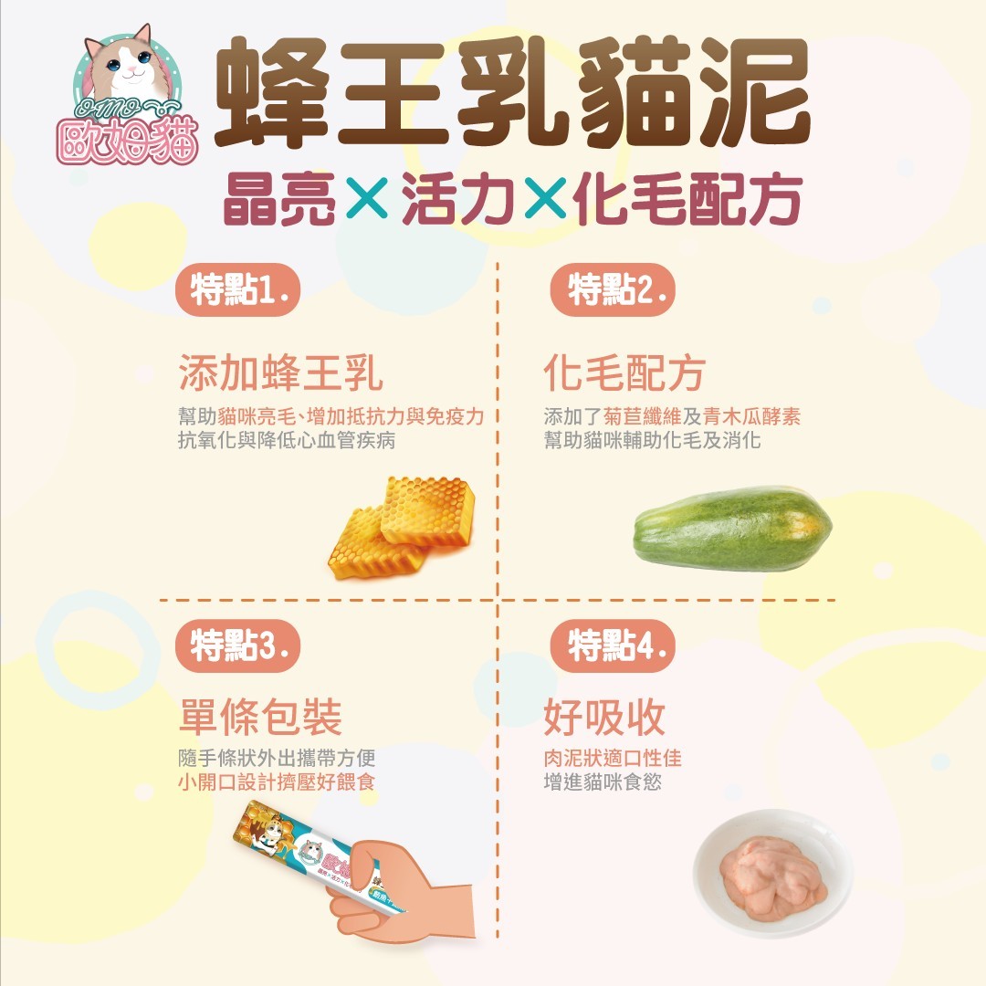 歐姆貓 【蜂王乳貓泥】15g/條 肉泥 貓肉泥 添加蜂王乳 挑戰最低價! 零食 貓零食 高適口性 化毛 富含豐富的維生素 5