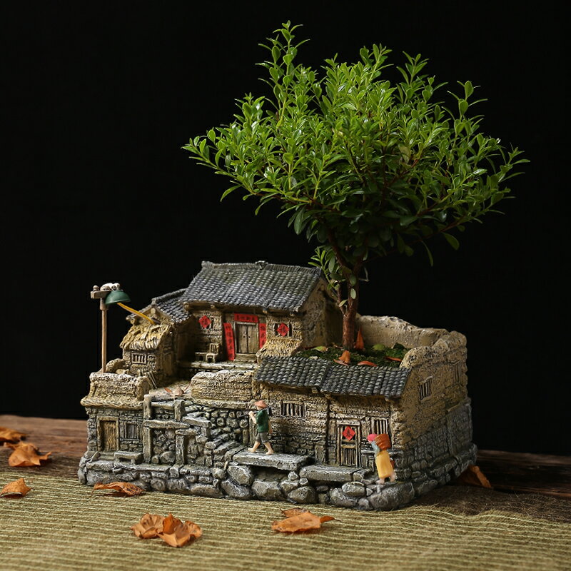 中式復古微景觀老房子創意盆栽花盆客廳桌面微縮模型盆景擺件造景